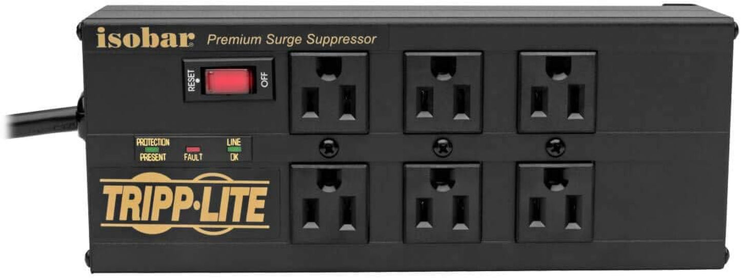 Isobar 6 Outlet Surge Protector Power Strip with 2 USB Charging Ports,10Ft Long Cord, Right-Angle Plug, Metal, 3840 Joules,Lifetime Limited Warranty & $50K Insurance (Ibar6Ultrausbb)Black